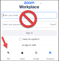 zoom sign in screen with arrow pointing to SSO 